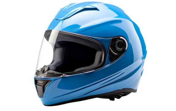 A striking blue helmet rests on a pristine white backdrop
