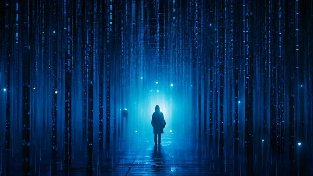 Abstract blue digital technology background. Vector illustration for your graphic design, Electric blue binary code rain, AI Generated