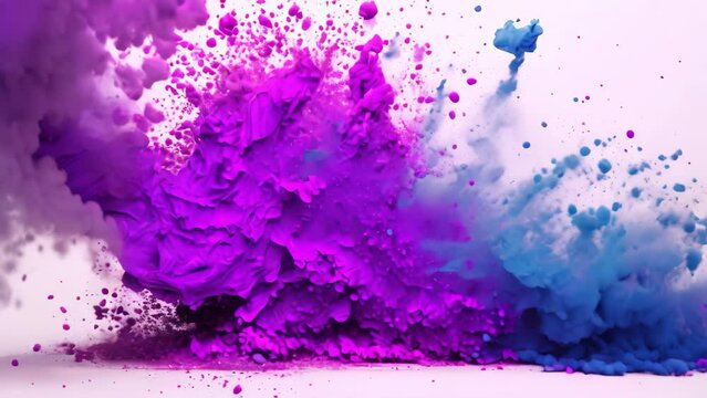 Colorful paint splashes isolated on white background. 3d rendering, Explosion of purple and blue glitter against a stark white backdrop, AI Generated