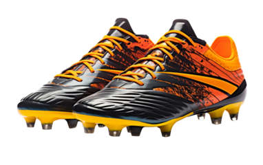A dynamic pair of black and orange soccer shoes on a field, ready for action