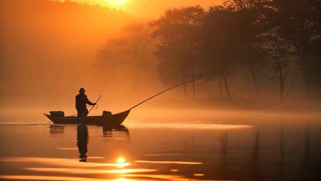 A man peacefully enjoys a serene sunset boat ride on a tranquil lake, surrounded by picturesque nature, fisher fishing on foggy sunrise, AI Generated