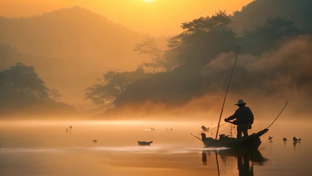 A man stands confidently on a boat in the serene center of a crystal-clear lake, fisher fishing on foggy sunrise, AI Generated