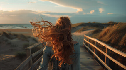 Blond girl walking in beach with blowing hair