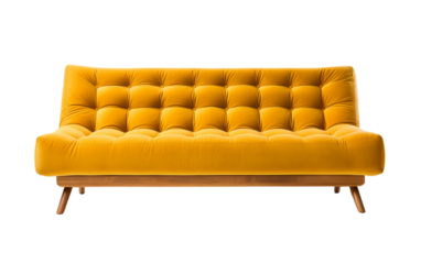 Vibrant yellow couch perched atop rustic wooden frame