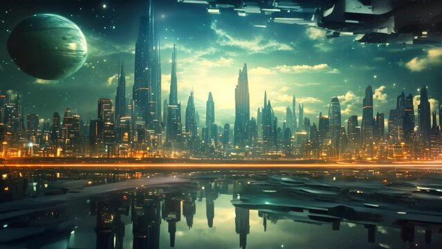 An image featuring a futuristic cityscape set against a sprawling body of water, Futuristic panorama of a matrix-like cityscape, AI Generated