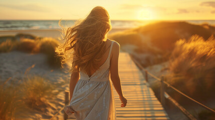 Back view portrait of lonely girl walking on a boardwalk in beach at evening with warm sunset - obrazy, fototapety, plakaty