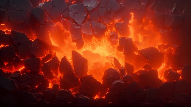 A close up image of a cracked wall revealing a fierce fire, portraying a scene of destruction and danger, Glowing fissures in a digital wall, AI Generated