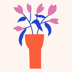 Vector trendy floral flat illustration. Cutout style flowers vase with tulip. Botanical cute simple clipart