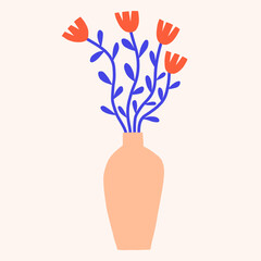 Bright flowers in vase vector clipart. Trendy paper cut floral illustration. Flat botanical elements