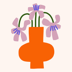 Bright flowers bouquet in vase vector clipart. Trendy paper cut floral illustration. Flat botanical elements