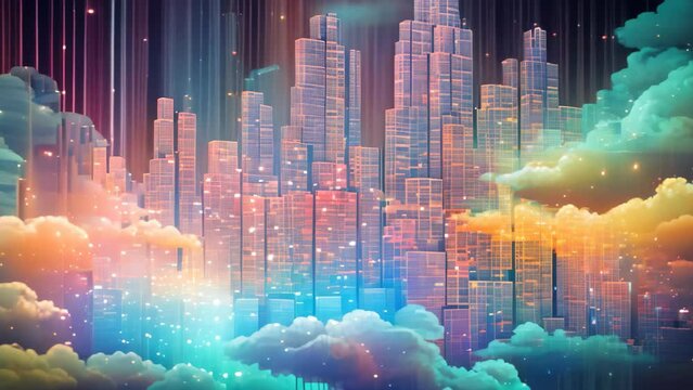 A stunning image of a cityscape floating in the sky, surrounded by billowy clouds and a mesmerizing starry night, Holographic pixelated city in the Network Cloud, AI Generated
