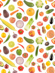 Vertical seamless pattern fresh fruits and vegetables isolated on white - 774344431