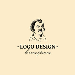 Honore De Balzac vector linear hand drawn vintage logo template for bookstore, coffeeshop, web. 