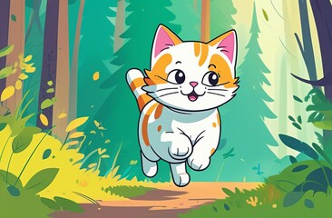 Cute orange kitten bounds happily along a forest trail, surrounded by colorful foliage