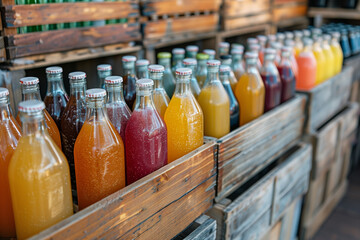 Row of Wooden Crates Filled With Juice Bottles