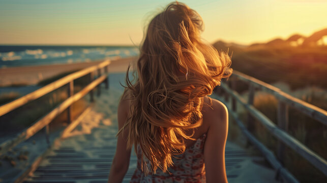 Woman walking in beach at sunset, Back view portrait of young girl walking on wooden boardwalk in evening, hair blowing with wind and glowing with sun light
