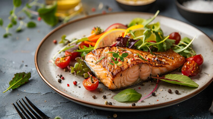 A grilled fish steak photography for a magazine cover, advertising banner.