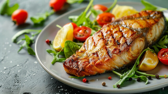 A grilled fish steak photography for a magazine cover, advertising banner.