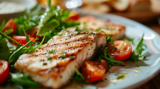 A grilled fish steak photography for a magazine cover, advertising banner.