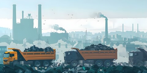 Dump trucks unloading garbage at landfill with smoking industrial stacks in background highlighting environmental pollution and outdated waste disposal methods . Concept Landfill Pollution