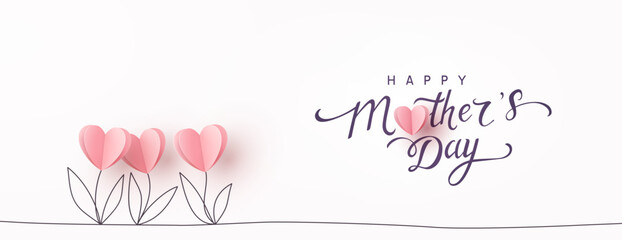 Mother's day postcard with paper tulips flowers and calligraphy text on light pink background. Vector symbols of love in shape of heart for greeting card, cover design