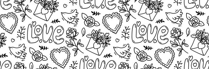 Wedding doodle pattern. Festive outline background. inscription love, envelope with flowers, hearts, roses and birds. For invitation cards, wrapping paper, wallpaper or fabric. Vector illustration.