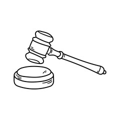 Judge gavel vector icon in doodle style. Symbol in simple design. Cartoon object hand drawn isolated on white background. - obrazy, fototapety, plakaty