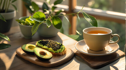A serene breakfast setting featuring a cup of tea and avocado toast sprinkled with black sesame seeds on a wooden board, basking in the gentle morning sunlight by a window with green plants