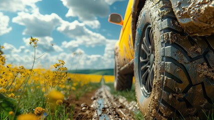 Fototapeta na wymiar Close up view of car wheel.Transportation concept.wheel with summer tires close-up on background of summer landscape. AI generated illustration