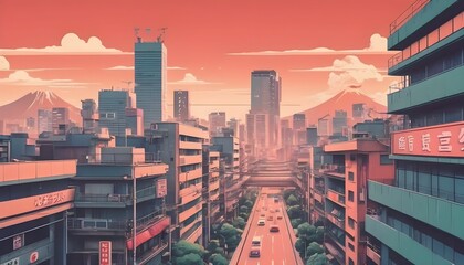 90's Japanese animation style city view, retro concept illustration background created with generative ai. - obrazy, fototapety, plakaty