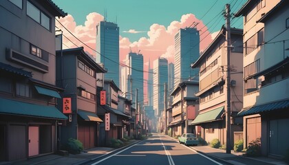 90's Japanese animation style city view, retro concept illustration background created with generative ai.