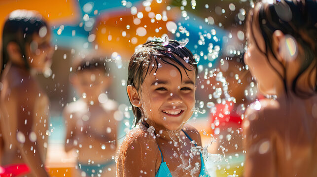 Children splashing in the pool at an outdoor water park