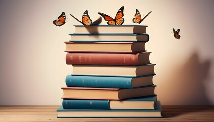 Books stacked neatly with butterflies in the room, world book day concept on world book, teacher day created with generative ai.