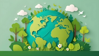 Green world paper cute style with Copy space, Earth day banner, and World Environment Day concept web banner background created with generative ai.