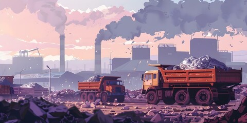 Environmental Pollution: Dump Trucks Unloading Garbage at Landfill with Smoking Industrial Stacks. Concept Industrial Pollution, Dump Trucks, Landfill Site, Smoking Stacks