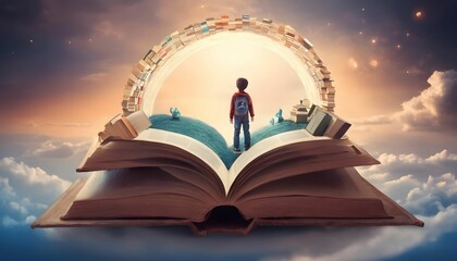  A little boy standing on the open book with a background of dreamscape and a portal made of books. concept of World Book Day created with generative ai.