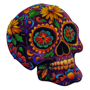 Decorated sugar skull with colorful floral patterns cut out on transparent background
