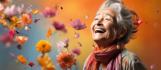 Fototapeta premium Woman smiling joyfully, surrounded by colorful flowers against a vibrant background