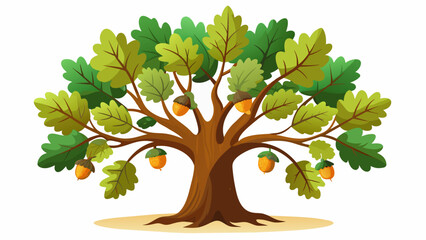 Oak Tree with Acorns and Leave, Vector graphics element silhouette illustration