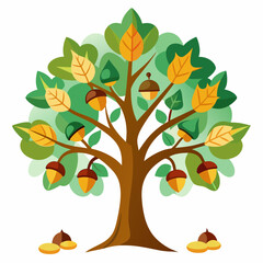 Oak Tree with Acorns and Leave, Vector graphics element silhouette illustration