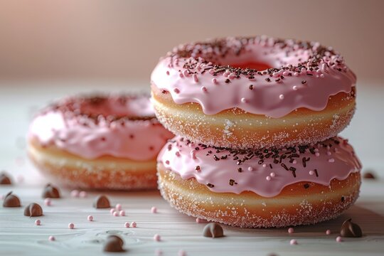 Set of 3d modern realistic objects depicting pink icing and chocolate donuts.
