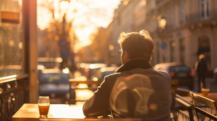 A man sits on the terrace of a café in the warm afternoon sun, watching the city go by