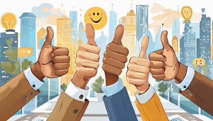 Business employees in office show thumbs up for success.