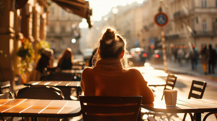 A man sits on the terrace of a café in the warm afternoon sun, watching the city go by