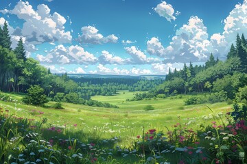 Modern background with meadows and forests
