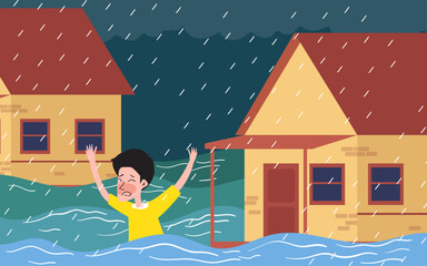 Vector illustration of people, trees and houses drowning in floods