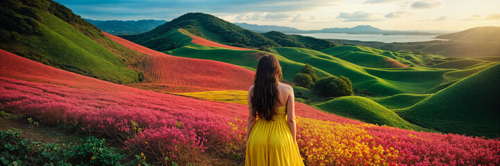 Hillside Harmony: Enchanting Girl Admiring the Spring Blooms
