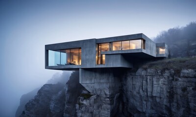 modern house is placed on top of a steep cliff. The house is a box-like structure with glass walls. The sky is overcast and the cliff is misty. - 774347859
