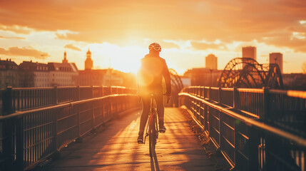A man cycling across a city bridge at sunset, the skyline in the background, the warm glow of the setting sun, freedom and mobility