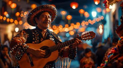 A solo Mariachi musician playing guitar under the soft glow of lanterns, surrounded by the joyous crowd of a Cinco de Mayo celebration, the night alive with music and festivity